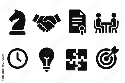 Strategic Compromise Icons. Solid, filled icon set of strategic compromise: chess knight, handshake, contract, negotiation table, clock, lightbulb, puzzle