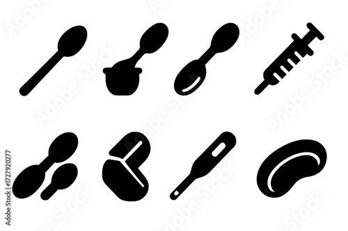 Medical Tools Icons. Solid, filled icon set of spoon in medical use: medicine spoon, dosage spoon, baby medicine spoon, oral syringe, measuring spoon, pill