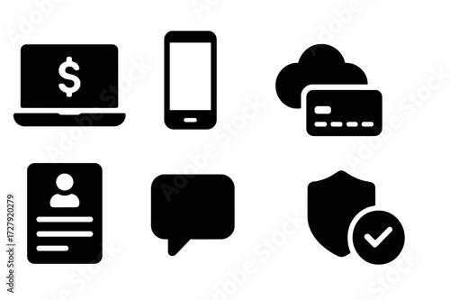 Online Loan Icons. Solid, filled icon set of online loan request: laptop with dollar sign, mobile phone, cloud storage, credit card, application form, chat