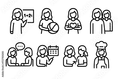 Mother's Social Roles Icons. Outline icon set of mother?s social roles: teacher, coach, volunteer, friend, counselor, organizer, mentor, chef. Line icons in