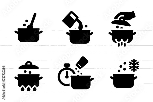 Boiling Cooking Icon Set. Solid, filled icon set of boiling cooking actions: stirring, pouring, lifting lid, draining, heating, timing, seasoning, cooling.