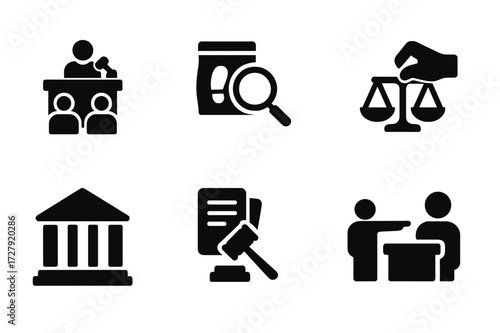 Court Procedure Icons. Solid, filled icon set of court procedures: trial, evidence, testimony, verdict, appeal, sentencing, cross-examination, objection.
