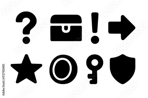 Black Icon Grid. Solid, filled icon set of chance and community chest cards: question mark, treasure chest, exclamation mark, arrow, star, coin, key, shield.