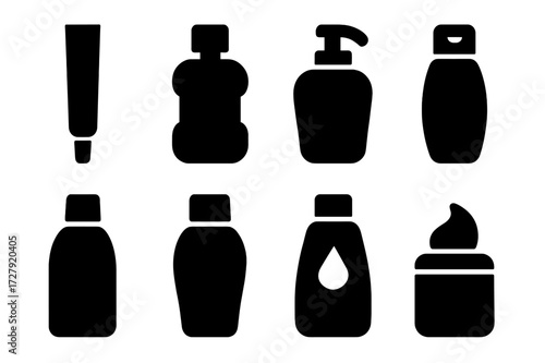 Hygiene Product Icons. Solid, filled icon set of unscented hygiene products: toothpaste, mouthwash, hand soap, body wash, shampoo, conditioner, feminine wash,