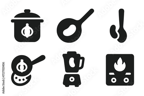 Cooking Utensils Icons. Solid, filled icon set of onion and bean cooking utensils: pot, frying pan, knife, chopping board, spoon, strainer, blender, stove.