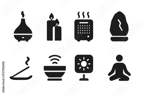 Unscented Therapy Symbols. Solid, filled icon set of unscented aromatherapy alternatives: diffuser without oils, plain candles, air purifier, salt lamp,