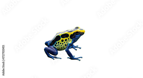 Blue and yellow poison dart frog sits on a green leaf.