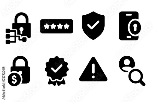 Secure Banking Icons. Solid, filled icon set of secure banking: encryption icon, password field, shield with check, mobile token, padlock with coin,