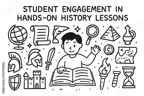 History Lesson Icons. Hand-drawn doodle illustration student engagement in hands-on history lessons open book, scroll, quill, magnifying glass, globe, castle,