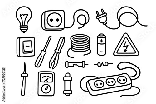 Electrical Doodle Icons. Hand-drawn doodle illustration Electrical wiring light bulb, socket, plug, switch, wire coil, screwdriver, pliers, voltage meter,