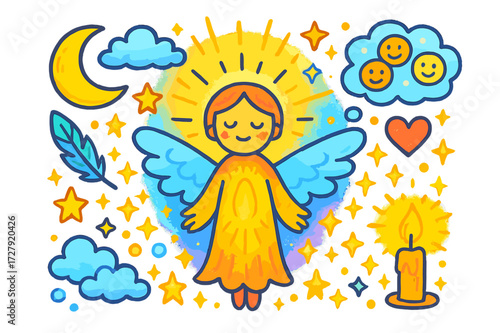 Mystical Dreamscape Illustration. Mystical soul. Colorful Hand-drawn doodle Children illustration Person, glowing spirit, wings, stars, moon, clouds, light