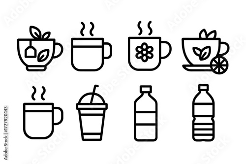Calm Beverage Icons. Solid, filled icon set of calm beverages: herbal tea, warm milk, chamomile tea, green tea, honey lemon drink, hot chocolate, smoothie,