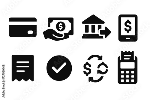 Financial Transaction Icons. Solid, filled icon set of financial transactions: credit card, cash payment, bank transfer, mobile payment, receipt, transaction