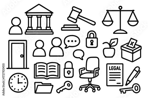 Legal Symbols Doodle. Hand-drawn doodle illustration Legal decision making courthouse building, gavel, scales of justice, closed door, lock, ballot box, people
