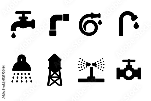 Water Transport Icons. Solid, filled icon set of water transportation: faucet, pipe, hose, sprinkler, showerhead, water tower, irrigation system, plumbing