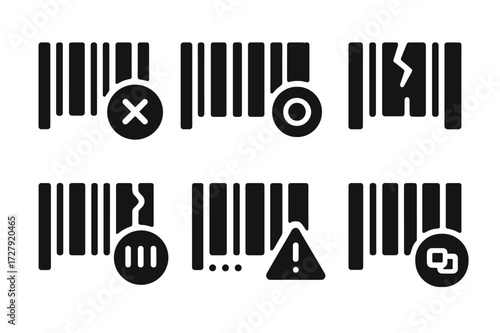 Barcode Error Icons. Solid, filled icon set of barcode errors: scan failure, unreadable code, damaged label, misprint, missing data, wrong format, invalid