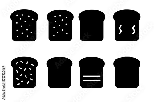 Toast Icon Set. Solid, filled icon set of toast and bread textures: toasted, lightly toasted, burnt, golden brown, crispy, soft, sliced, crusty. Solid, filled