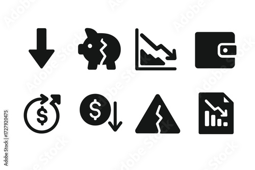 Financial Loss Icons. Solid, filled icon set of financial loss: downward arrow, broken piggy bank, declining graph, empty wallet, debt symbol, falling coin,