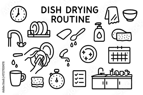 Dishwashing Doodle Essentials. Hand-drawn doodle illustration [dish drying routine] [clock, dish rack, towel, bowl, soap bottle, hands washing dishes, faucet,