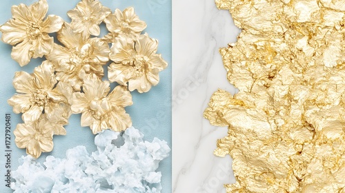 Elegant Gold Floral Design on Marble and Blue Background