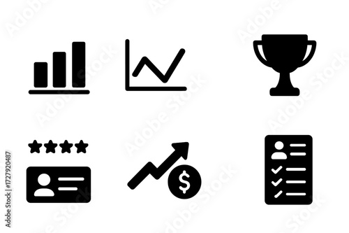 Performance Icon Set. Solid, filled icon set of portfolio performance: bar chart, line graph, scorecard, trophy, star rating, growth arrow, profit margin,