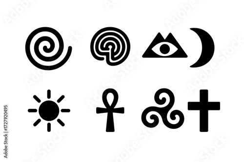Ancient Symbols Grid. Solid, filled icon set of ancient symbols: spiral, labyrinth, eye of providence, crescent moon, sun disk, ankh, triskelion, cross. Solid,