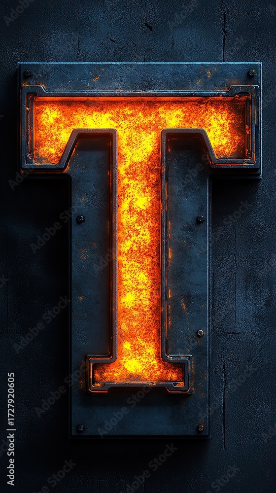 Fototapeta premium Bold letter T rendered with hot fiery orange inside a dark, riveted metal frame