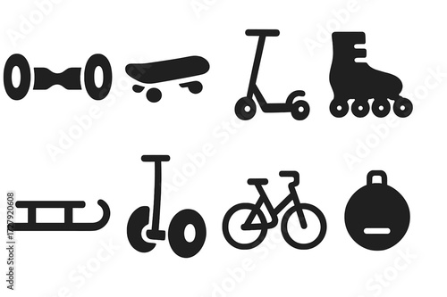 Glide Transportation Icons. Solid, filled icon set of glide transportation: hoverboard, skateboard, scooter, rollerblades, sled, segway, glide bike, electric