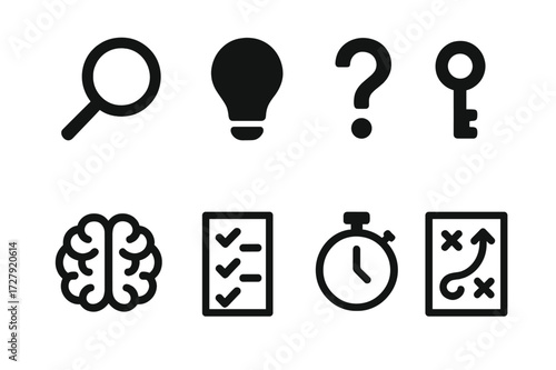 Puzzle Solving Icons. Solid, filled icon set of puzzle solving tools: magnifying glass, light bulb, question mark, key, brain, checklist, timer, strategy map.