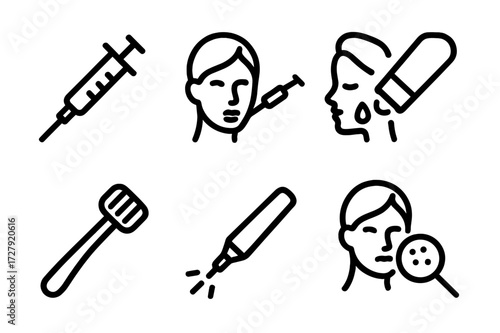 Rejuvenation Procedure Icons. Solid, filled icon set of rejuvenation medical procedures: Botox syringe, filler injection, chemical peel, ultrasound device,