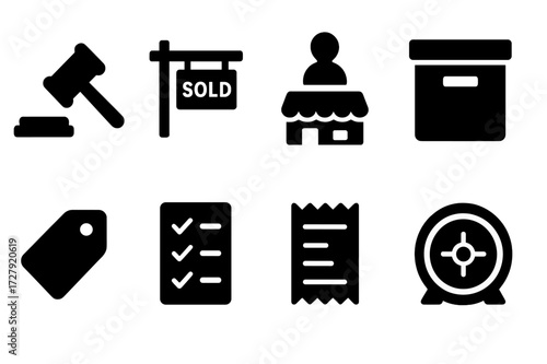 Asset Liquidation Icons. Solid, filled icon set of asset liquidation: auction hammer, sold sign, pawn shop, storage box, price tag, checklist, receipt, bank