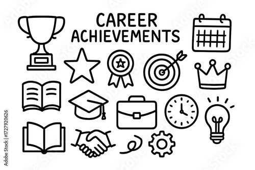 Career Success Icons. Hand-drawn doodle illustration Career achievements [trophy, medal, star, ribbon, target, arrow, book, graduation cap,