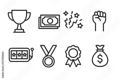 Lottery Icon Set. Outline icon set of lottery winning: trophy, cash stack, confetti, winner hand, jackpot, medal, prize ribbon, money bag. Line icons in only