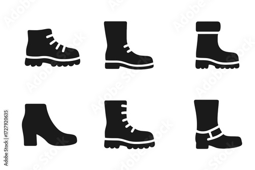 Black Boot Icons. Solid, filled icon set of boot uses: hiking, riding, working, snow walking, fashion, military, rain protection, motorcycling. Solid, filled