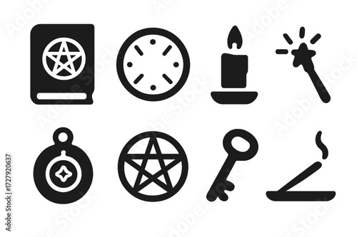 Occult Symbols Icons. Solid, filled icon set of secret rituals and symbols: occult book, ritual circle, candle, magic wand, talisman, pentagram, ancient key,