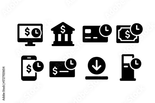 Payment Methods Icons. Solid, filled icon set of late payment payment methods: online payment, bank transfer, credit card, cash deposit, mobile app, cheque,