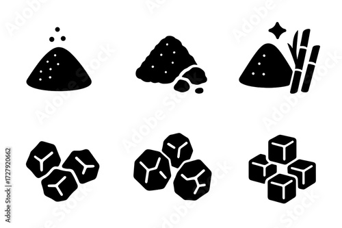 Sugar Type Icons. Solid, filled icon set of sugar types: granulated sugar, brown sugar, powdered sugar, cane sugar, raw sugar, rock sugar, beet sugar, sugar