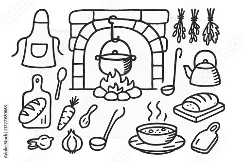 Hearthside Cooking Doodles. Hand-drawn doodle illustration [Cooking on the hearth] [iron pot, stew bowl, hanging herbs, fireplace flame, spoon, vegetables,
