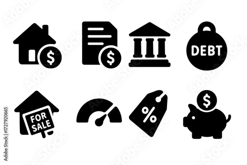 Foreclosure Finance Icons. Solid, filled icon set of foreclosure finance: mortgage, loan, bank, debt, interest rate, credit score, foreclosure sale, savings.