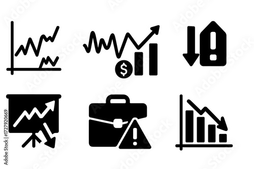 Market Risk Icons. Solid, filled icon set of market risk: stock fluctuation, currency volatility, market trend, price drop, economic indicator, investment