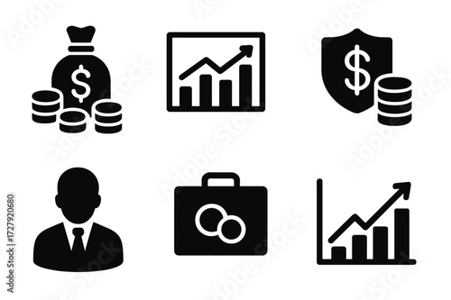 Investment Funds Icons. Solid, filled icon set of investment funds: mutual fund, index fund, hedge fund, ETF, fund manager, portfolio diversification, fund