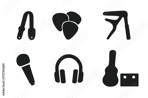 Rock Music Icons. Solid, filled icon set of rock music accessories: guitar strap, picks, capo, drum pedal, microphone, headphones, guitar case, amplifier