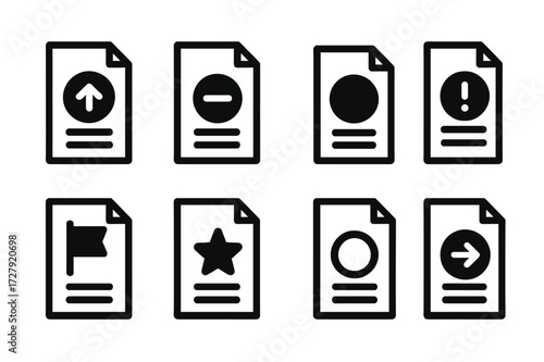 Priority Icon Set. Solid, filled icon set of assignment priorities: high priority, medium priority, low priority, urgent, flagged, starred, normal, delegated.