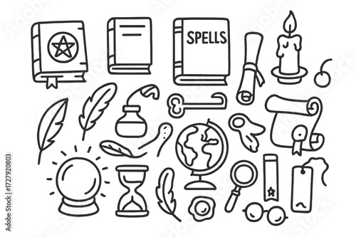 Magical Vintage Symbols. Hand-drawn doodle illustration Magical vintage books, spell book, candle, quill, ink bottle, feather, scroll, key, globe, crystal