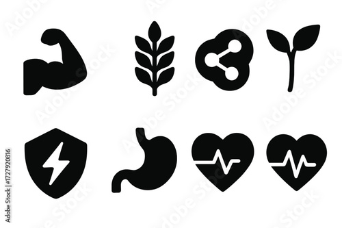 Mung Bean Benefits Icons. Solid, filled icon set of mung bean nutrition: protein, fiber, antioxidants, vitamins, minerals, energy, digestion, heart health.