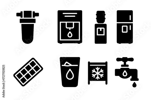 Cold Water Icons. Solid, filled icon set of cold water treatment: water filter, ice maker, water cooler, refrigerator water dispenser, ice cube tray, chilled