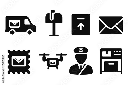 Mail Service Icons. Solid, filled icon set of mail services: mail truck, mailbox, parcel, envelope, postage stamp, delivery drone, postal worker, sorting
