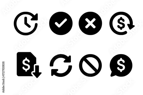 Transaction Status Icons. Solid, filled icon set of transaction statuses: pending, completed, failed, refunded, processing, canceled, approved, disputed.