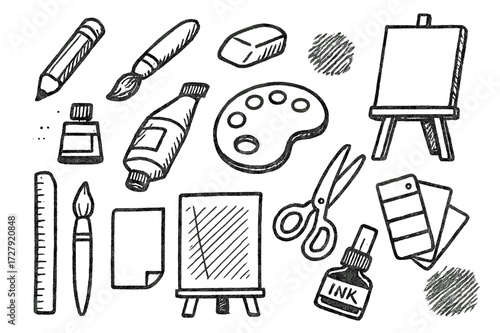Art Supplies Doodle. Hand-drawn doodle illustration [sketch and stroke patterns] [pencil, pen, paintbrush, eraser, sketchbook, canvas, easel, paint tube,