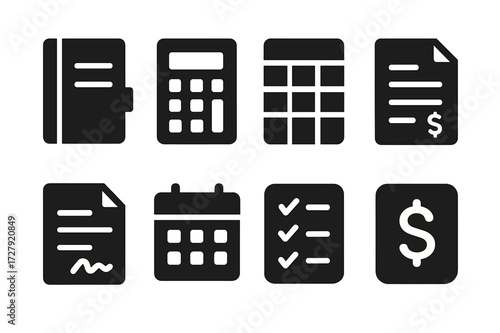 Tool Icon Collection. Solid, filled icon set of collections tools: ledger, calculator, spreadsheet, invoice, contract, calendar, checklist, financial app.